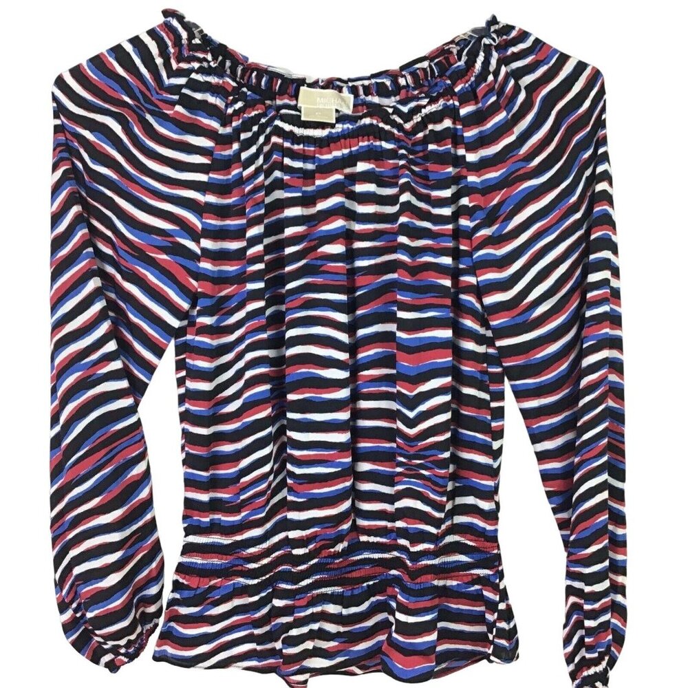 Michael Kors Womens S Striped Long Sleeve Blouse Elastic Scoop Neck Off Shoulder